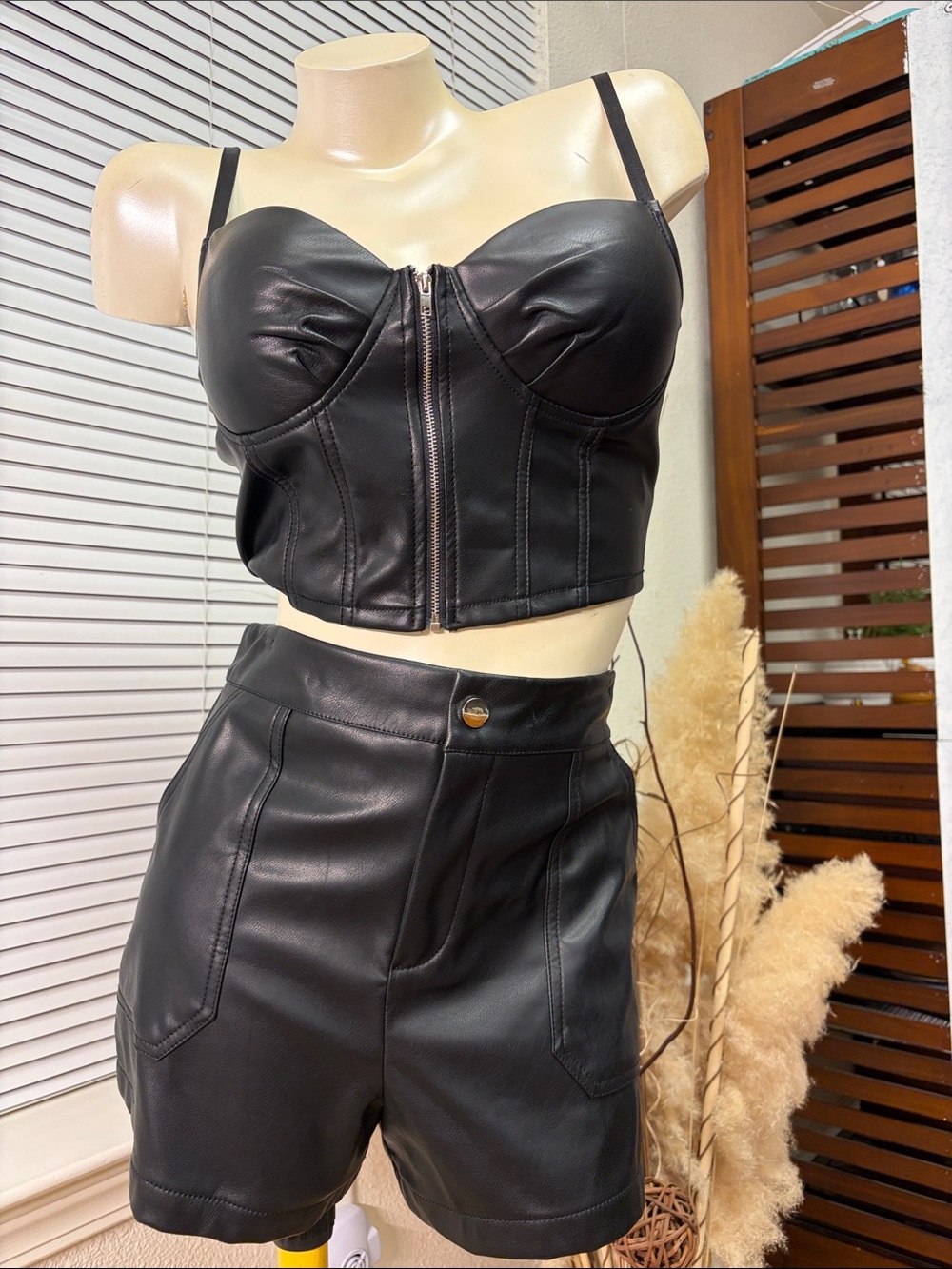 Black Faux Leather Bustier Crop Top